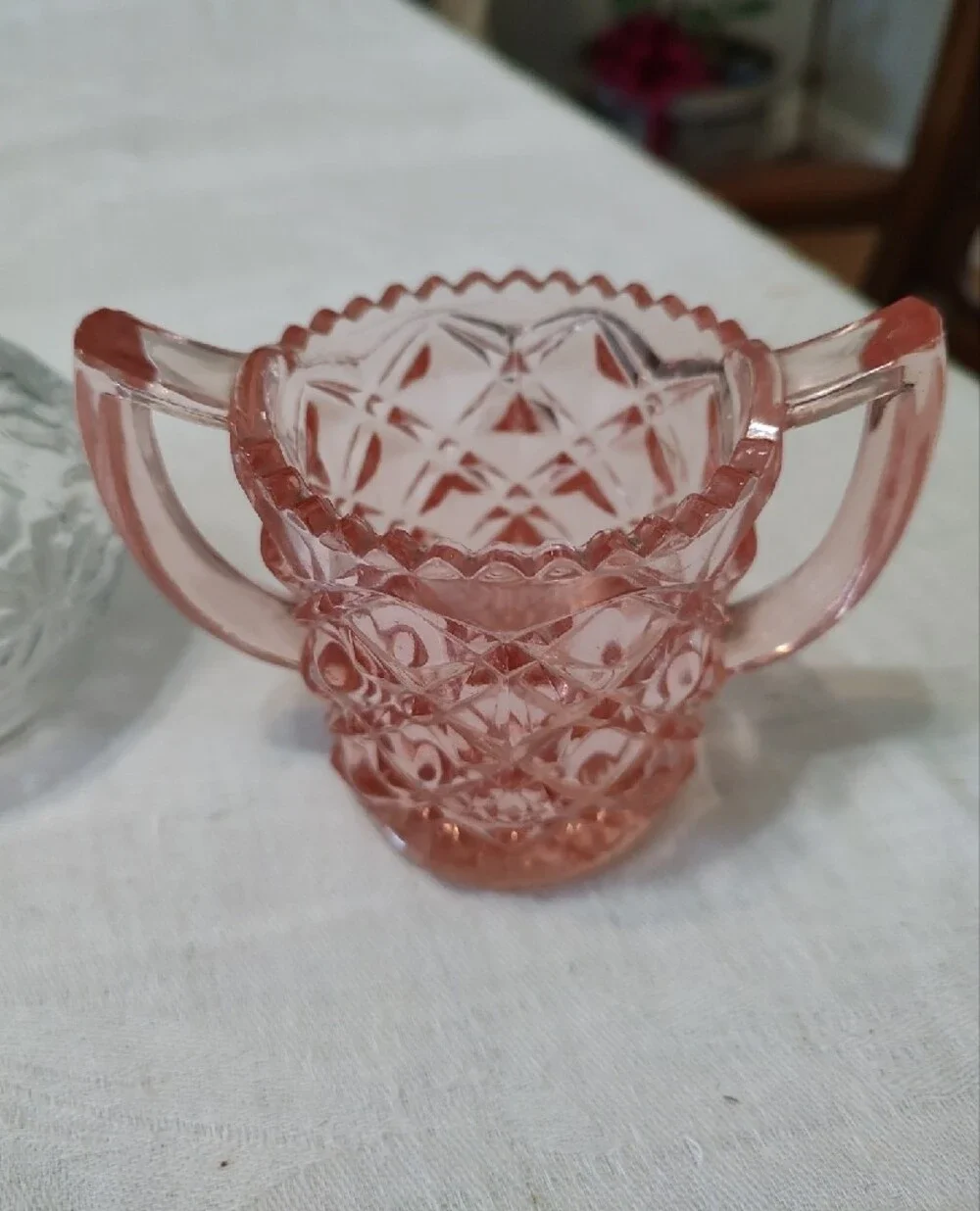 Vintage Pink Glass Sugar Bowl, A Vase And Cruet.